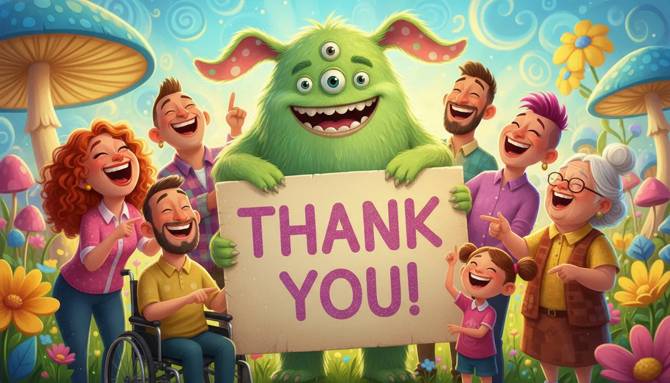 A funny monster character holding a huge thank you sign, making friends laugh, symbolizing funny thank you quotes.