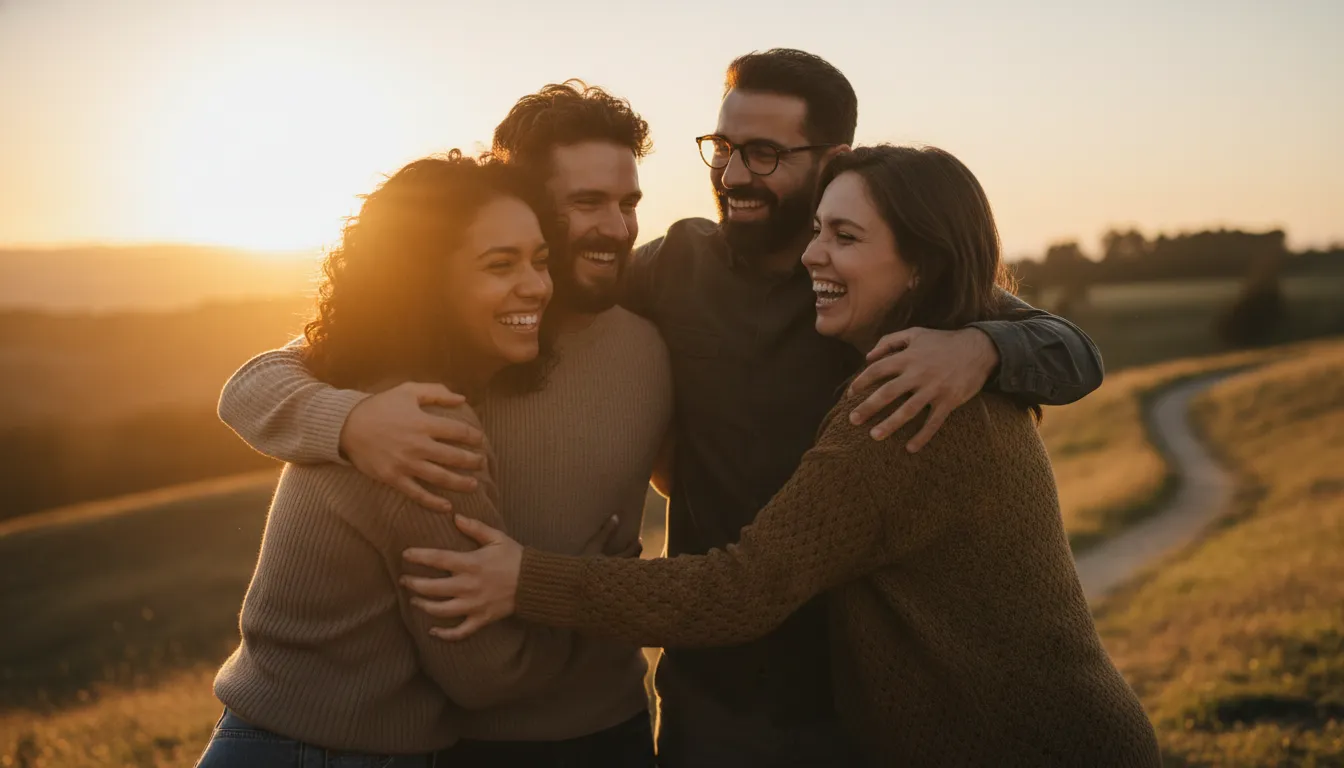 A diverse group of four friends embracing warmly during golden hour, expressing deep gratitude for their friendship.