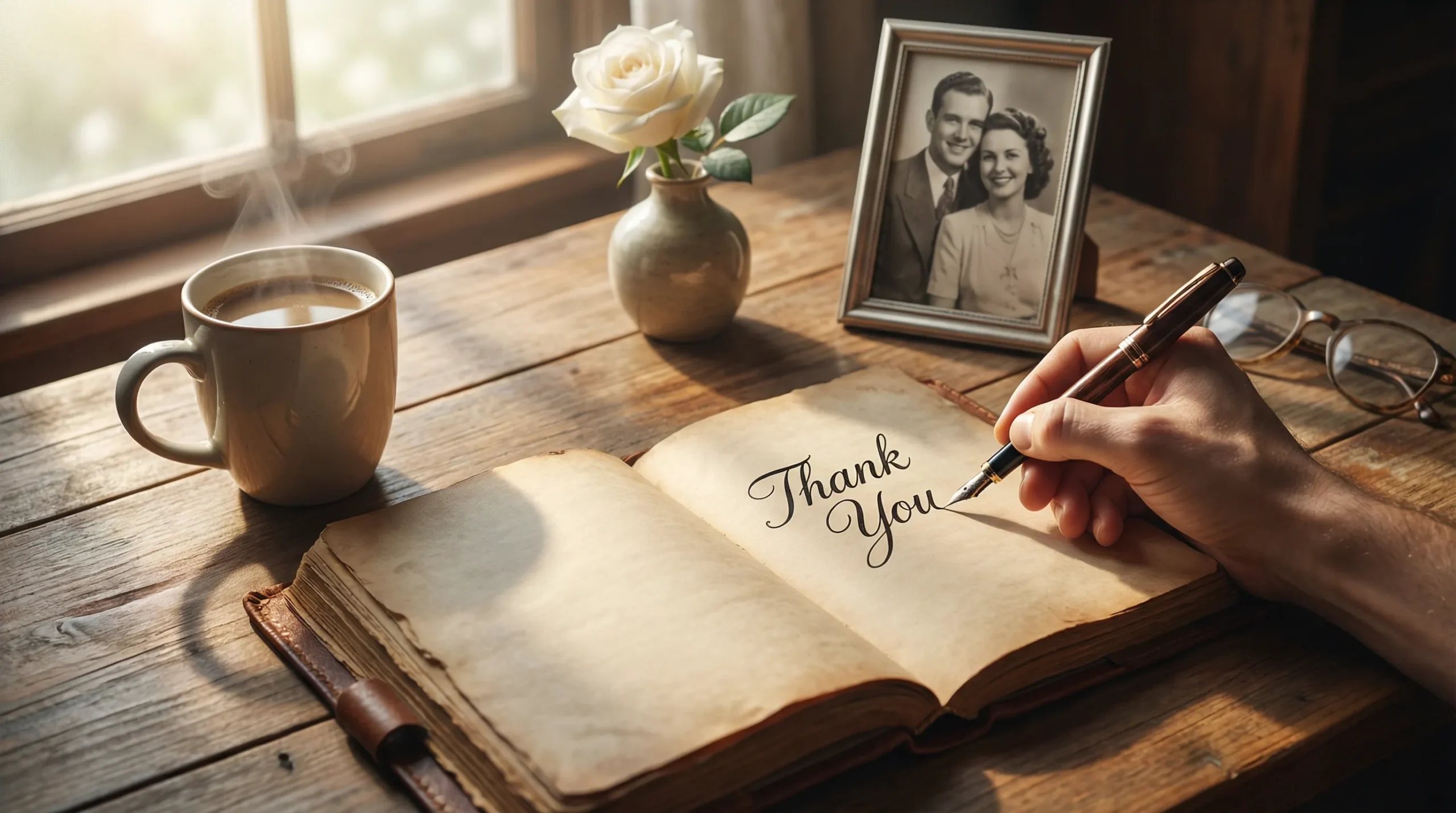 Hand writing 'Thank You' in a journal, surrounded by meaningful everyday objects, symbolizing giving thanks and reflection.