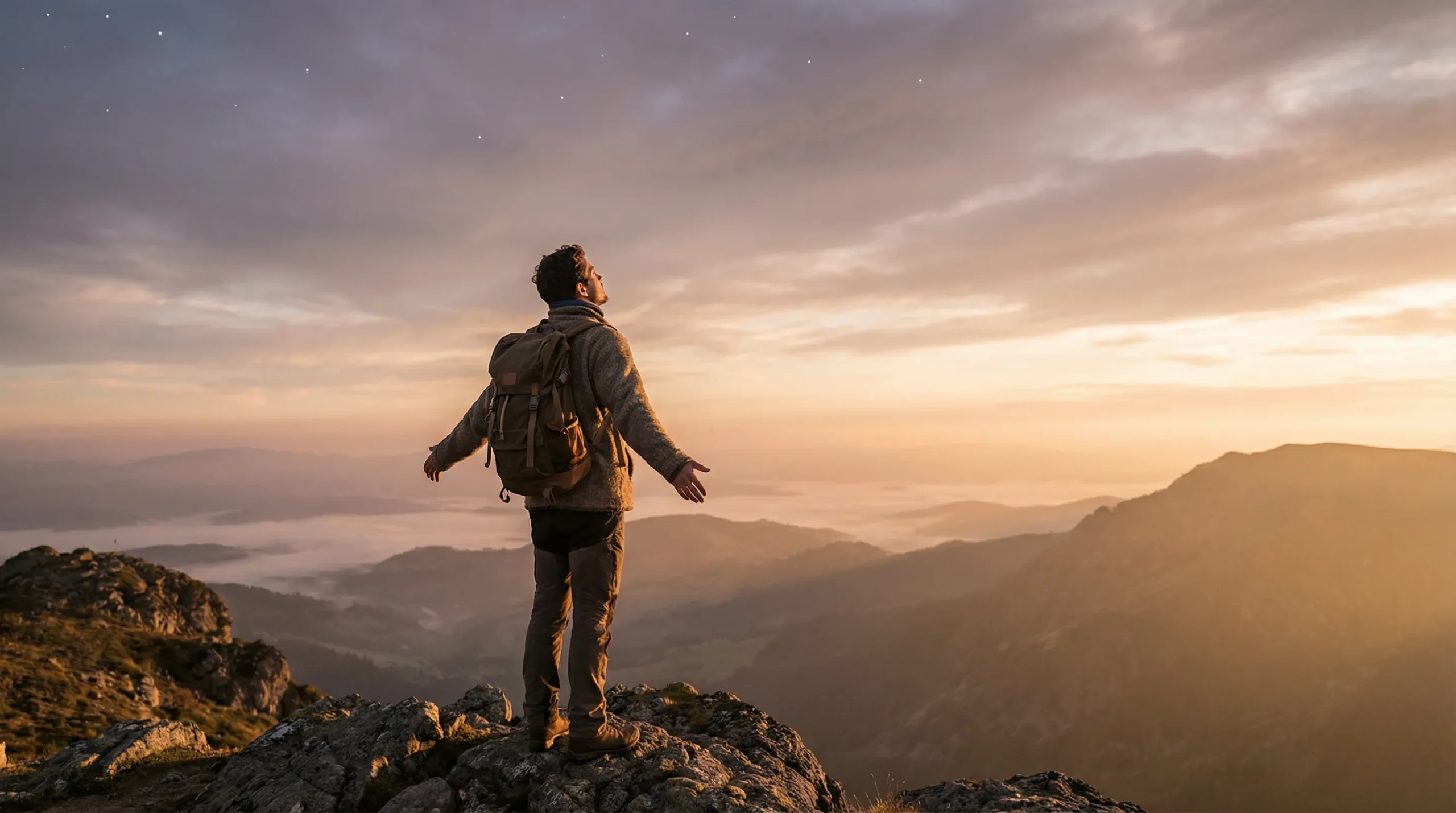 Figure on a mountain peak at dawn, looking up at the vast sky, expressing profound gratitude to God.