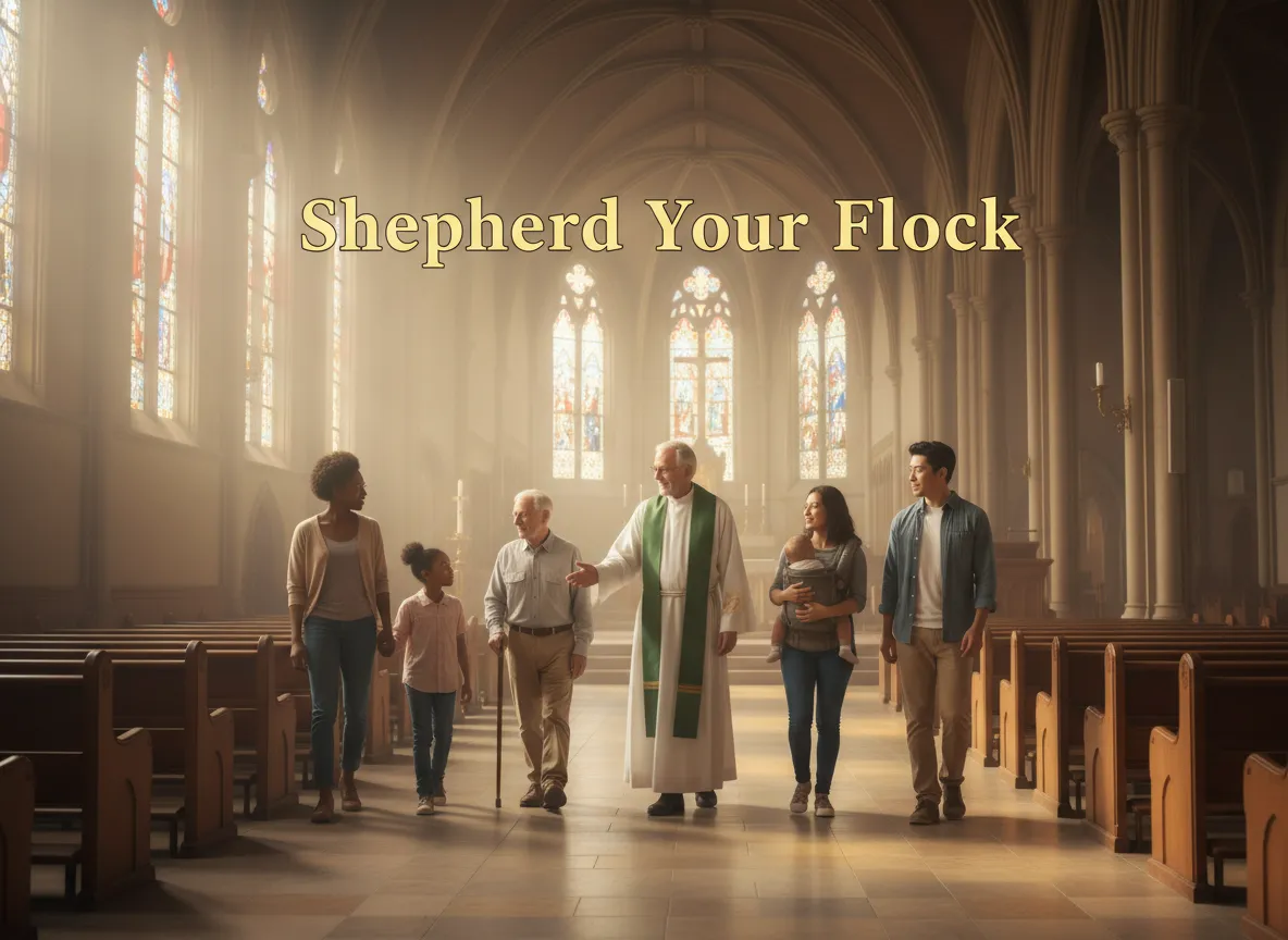 Priest and pastor leading congregation, spiritual guidance, faithful shepherd.