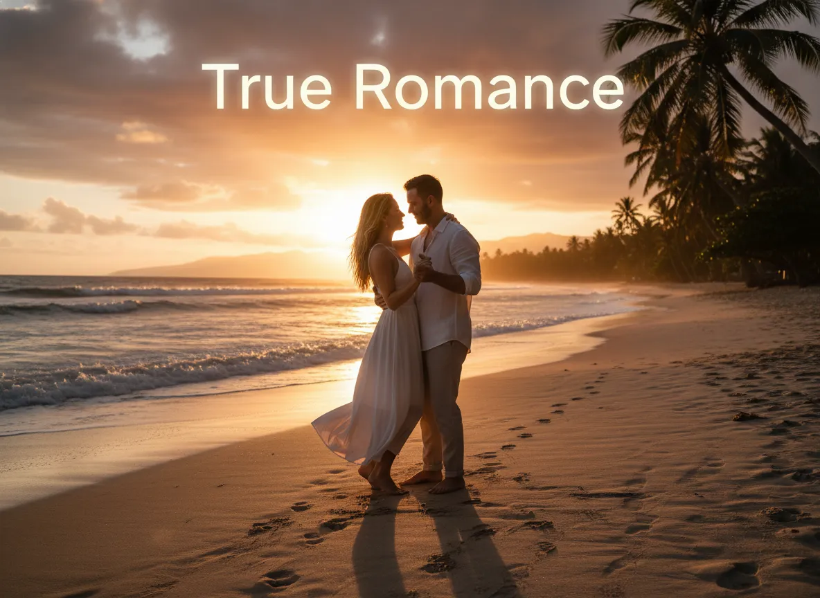 Romantic couple at sunset on a beach, passionate love, eternal flame.
