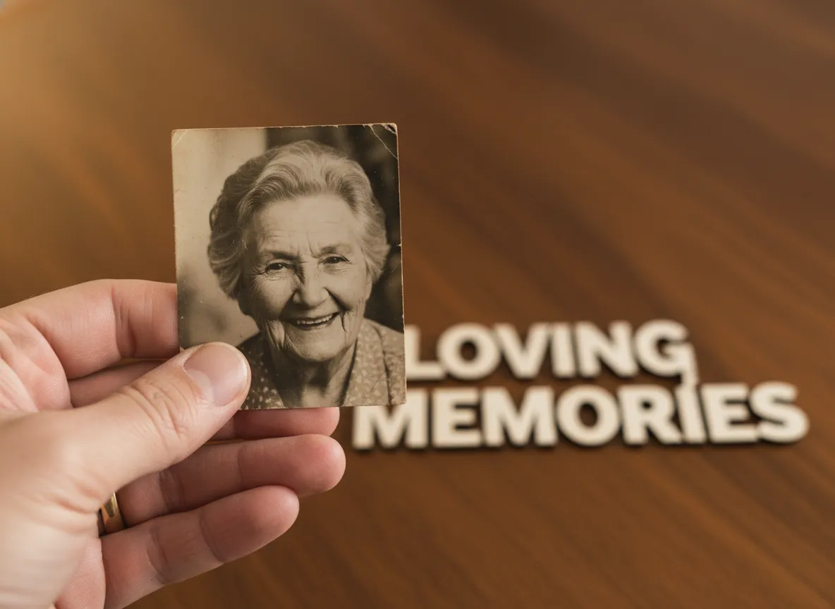 Hand holding vintage photo of a smiling grandmother, symbolizing cherished memories and enduring love. Emotional Short Messages For Grandmother Who Passed Away