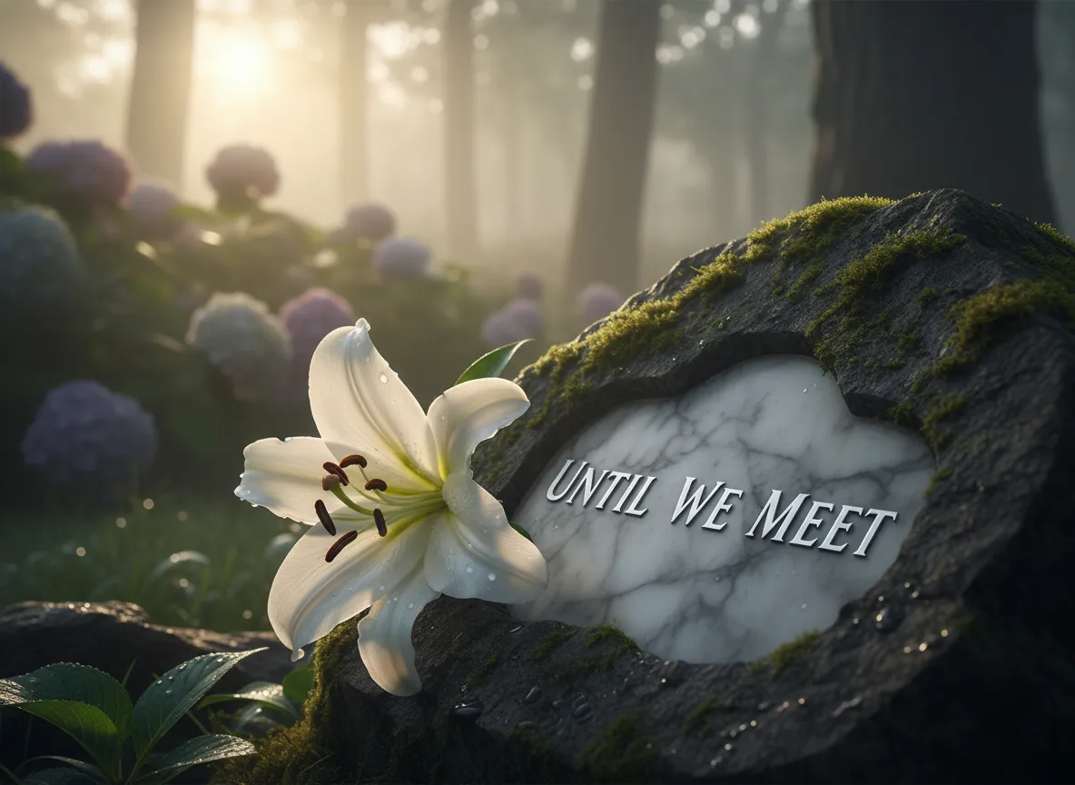 White lily beside a memorial stone in a misty garden, conveying a heartfelt goodbye to grandmother.