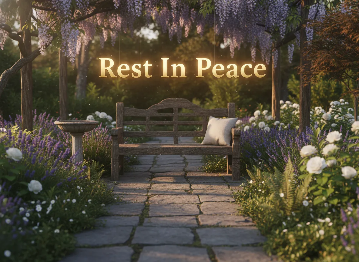 Peaceful garden path leading to a wooden bench, symbolizing rest in peace for a beloved grandmother.