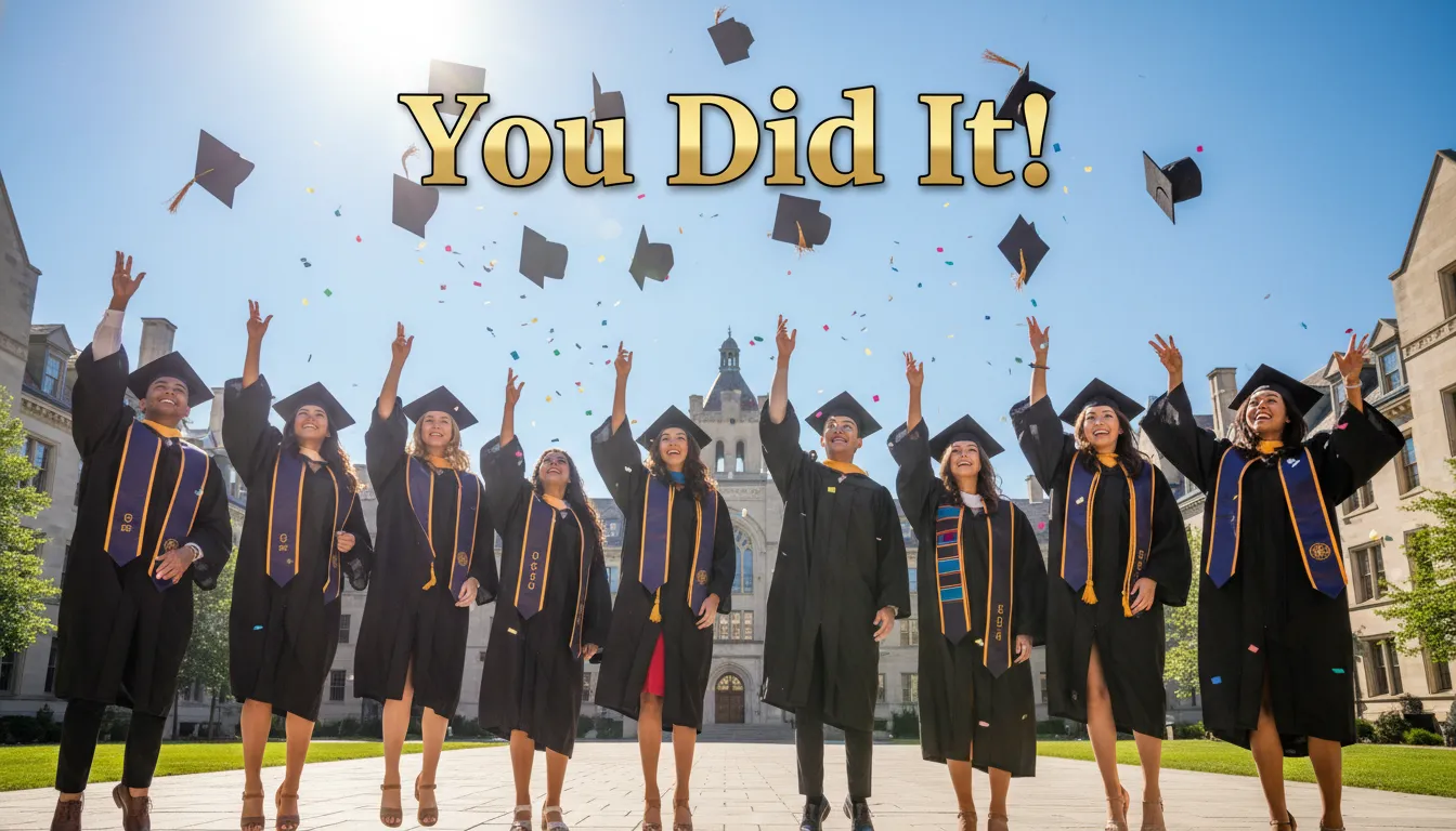 Students celebrating graduation, good luck wishes.