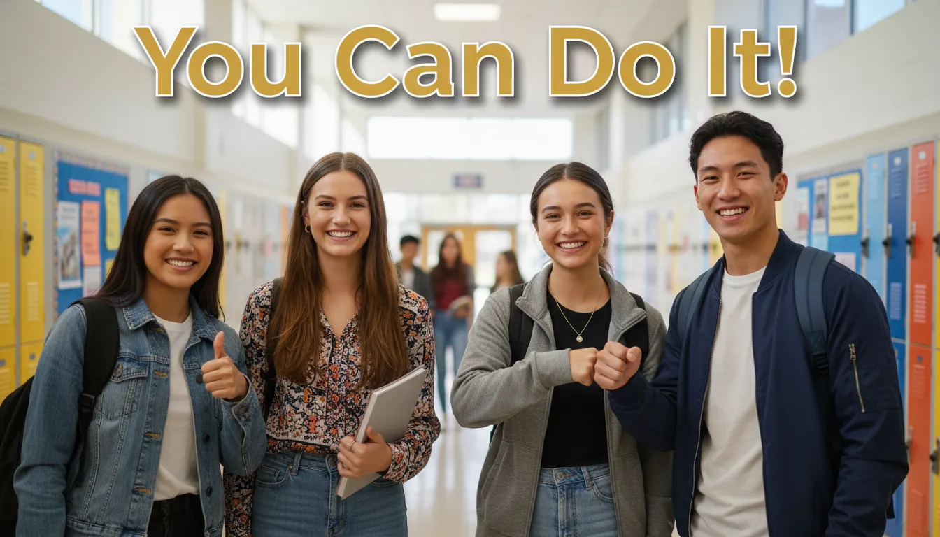 Happy students showing confidence, positive school messages.