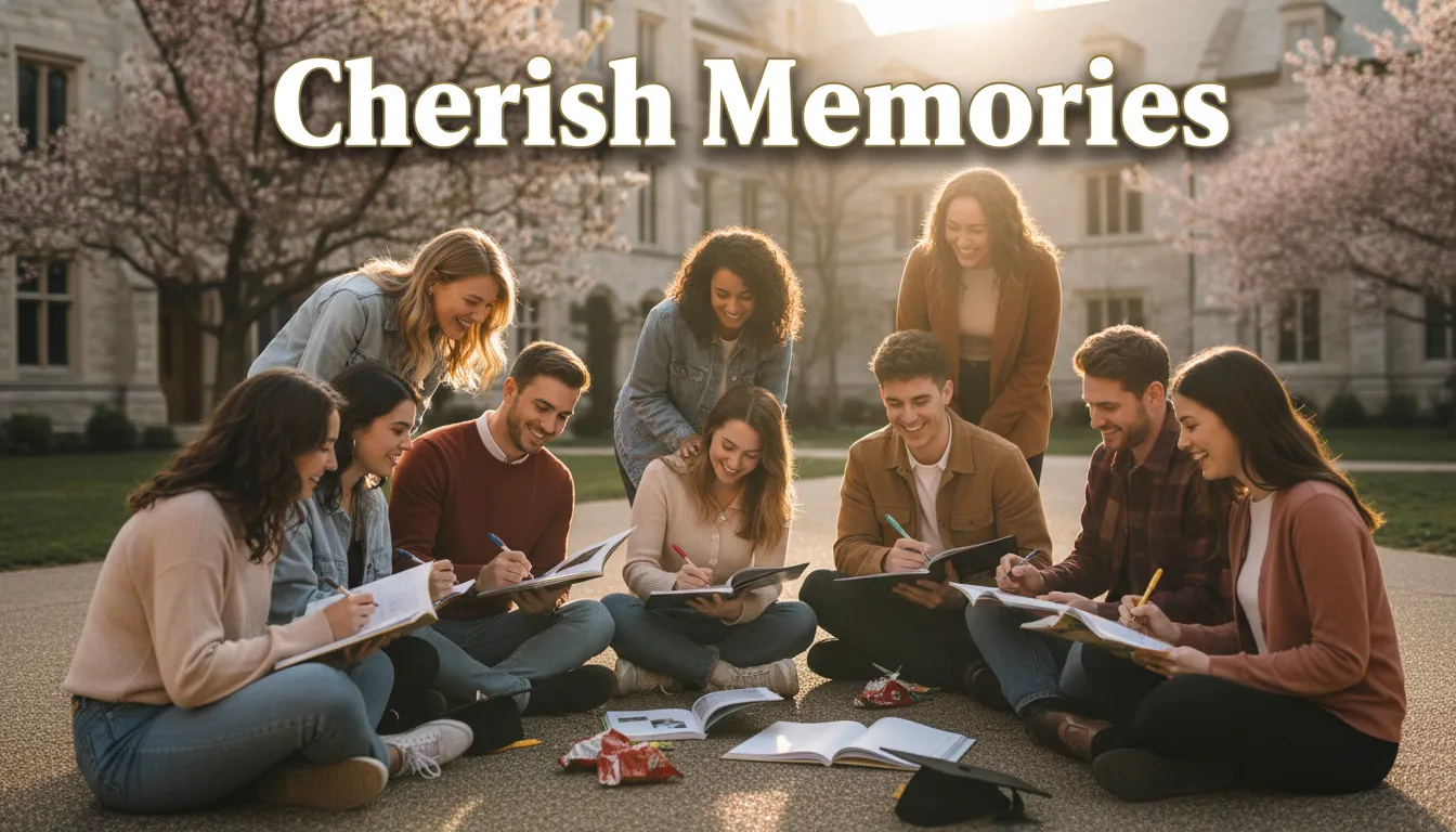 Students signing yearbooks, farewell messages.