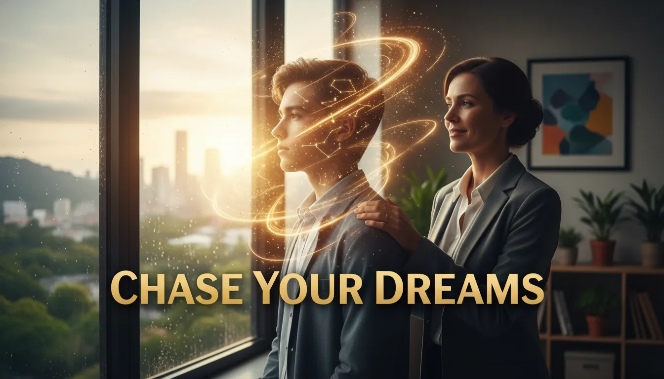 Student dreaming of future, inspirational messages.