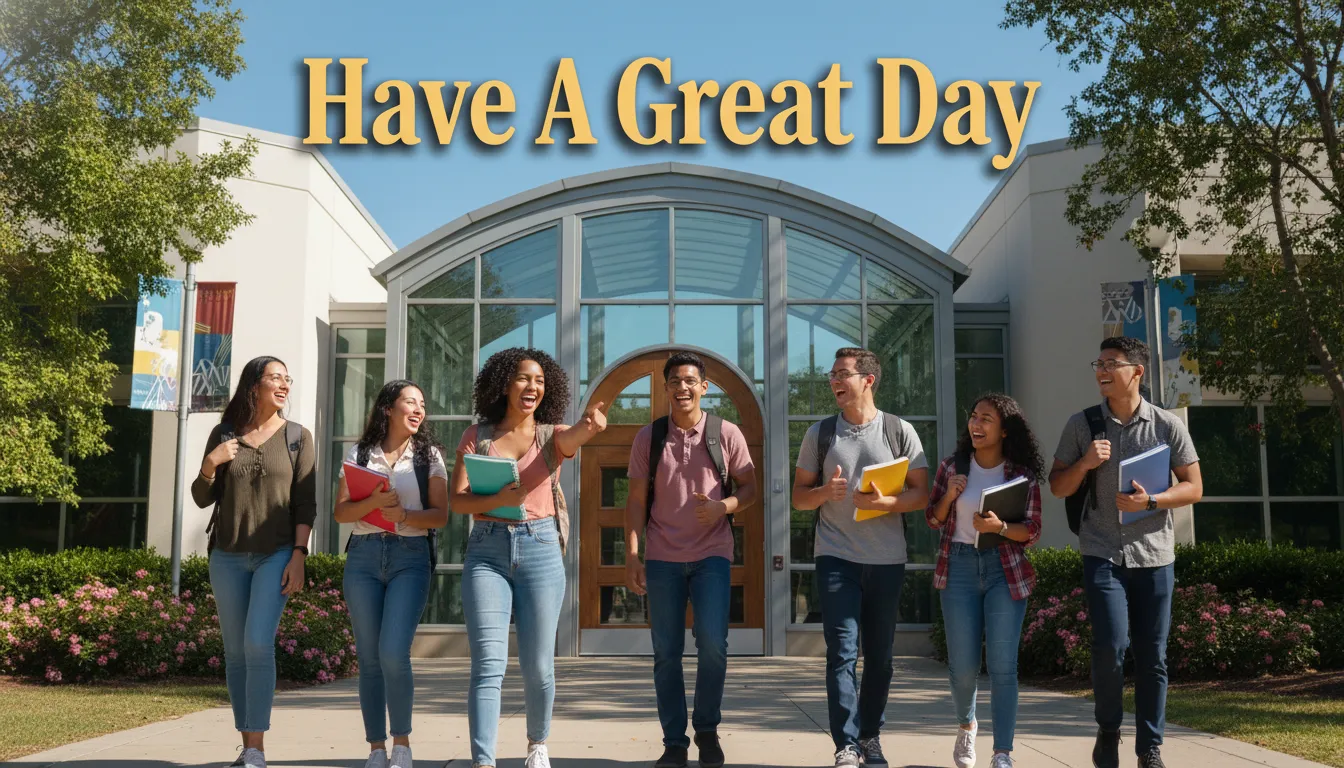 Happy students arriving at school, short positive wishes.