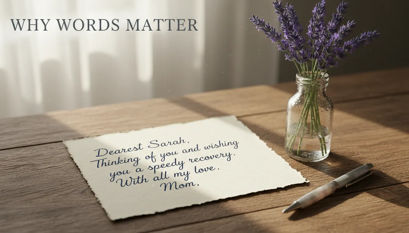 A handwritten card and lavender for surgical support. Before Surgery Wishes