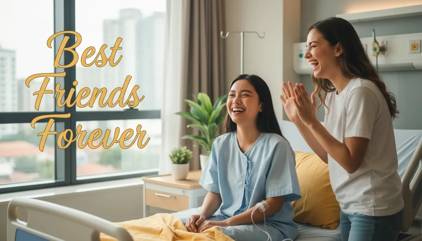 Friends laughing together in hospital