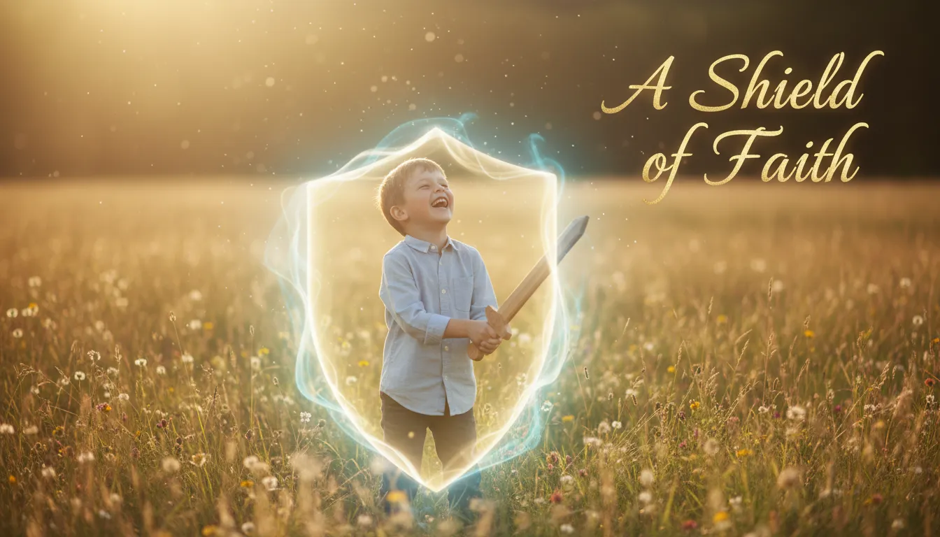 A young boy protected by a symbolic shield of light while playing, Prayers for My Son