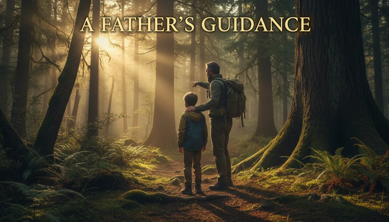 A father and son walking together through the woods