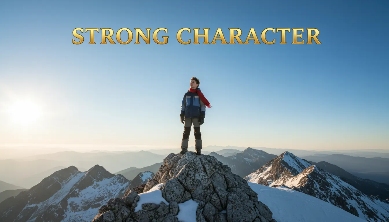 A boy standing on a mountain peak with integrity