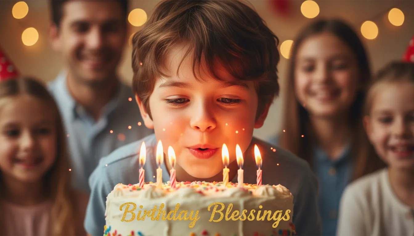 A boy celebrating his birthday blowing out candles