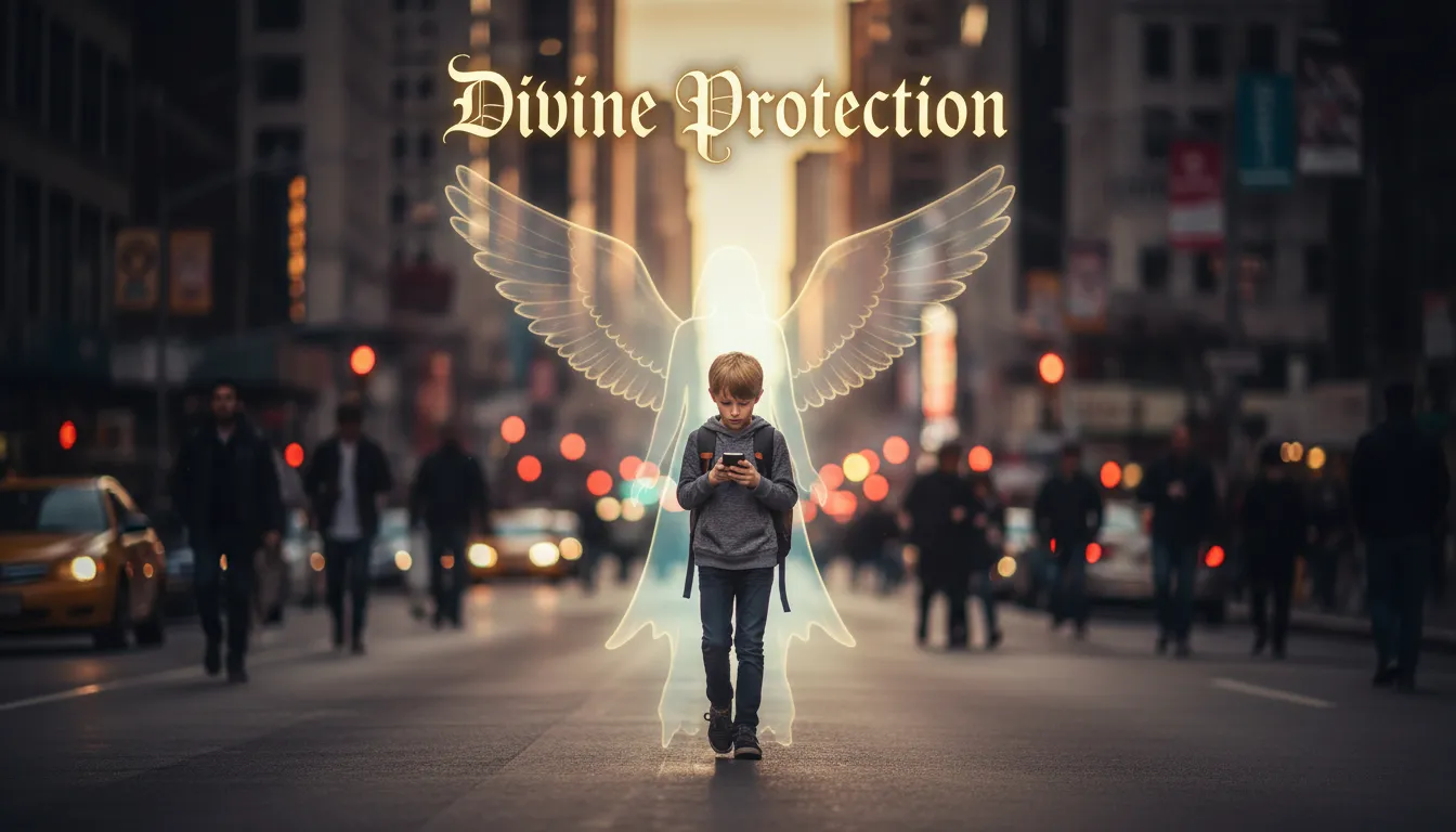 Guardian angel silhouette protecting a boy in a city