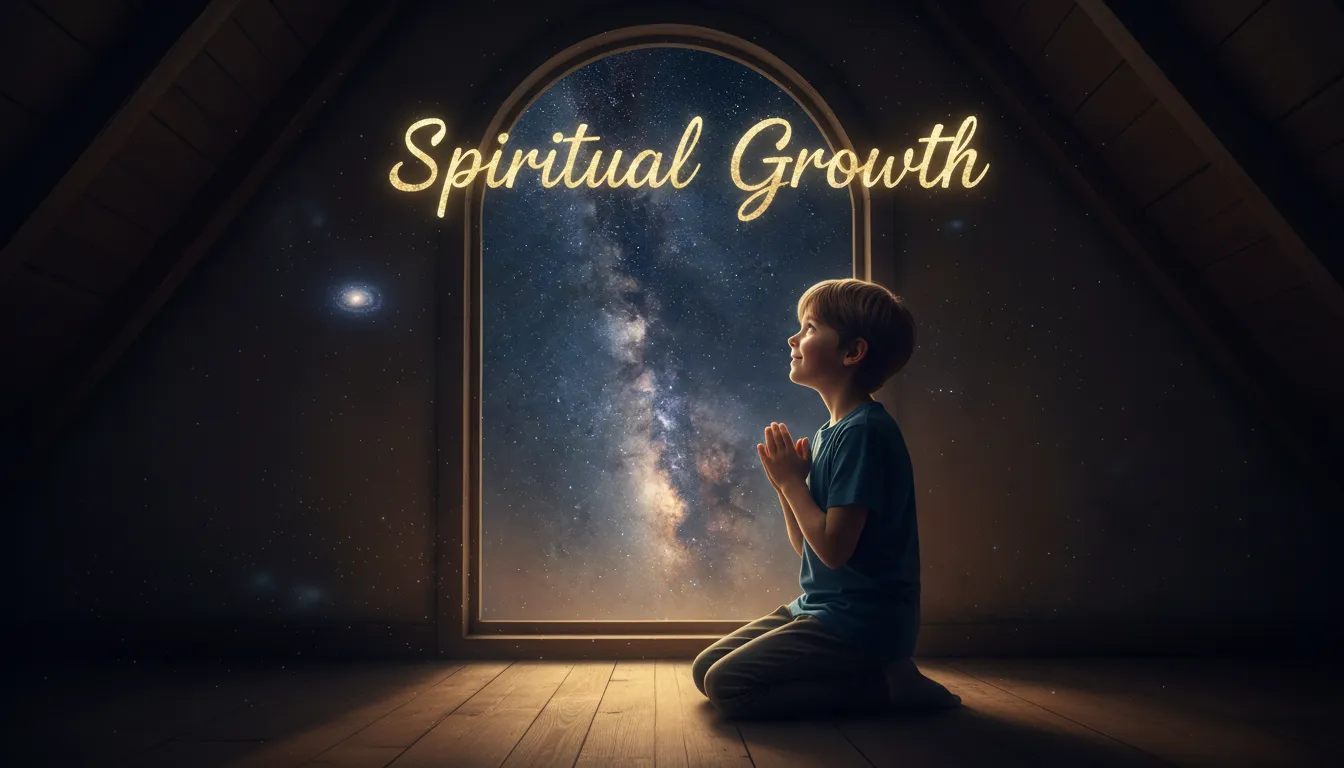 Young boy praying by a window at night