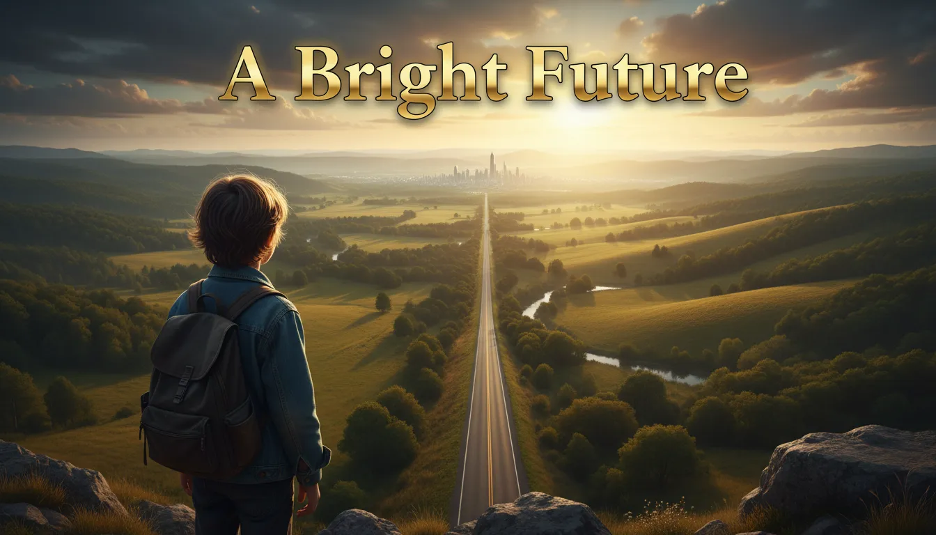 A boy looking at a vast landscape representing his future