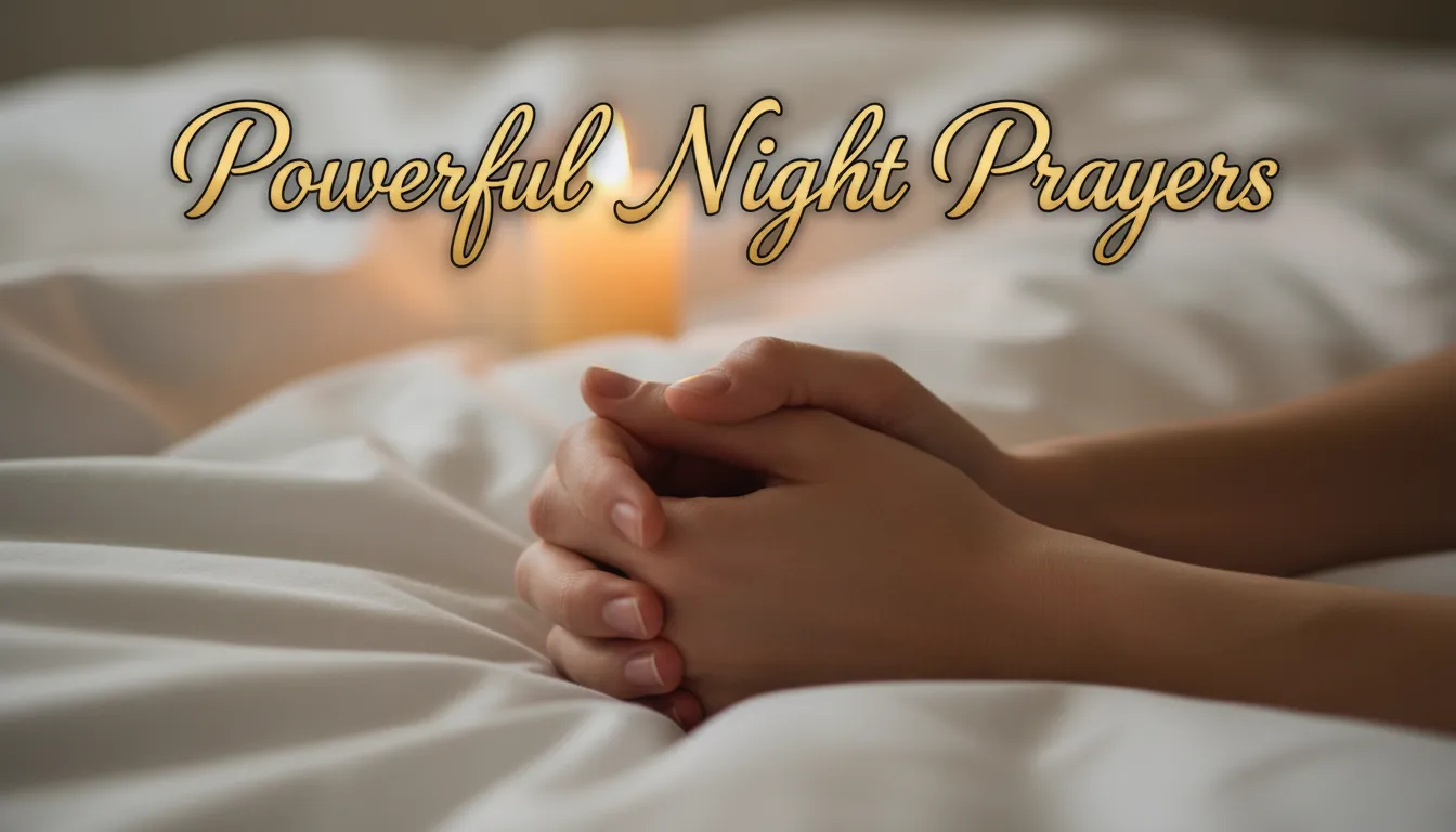 Folded hands in prayer on a bed with warm candle light