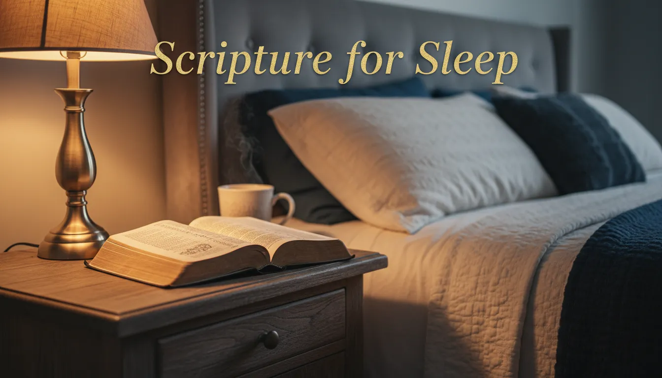 An open Bible on a bedside table with warm lighting
