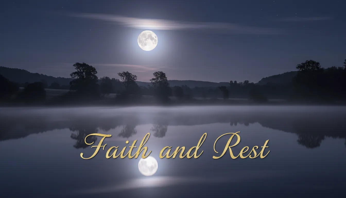 A calm lake at night reflecting the moon and stars