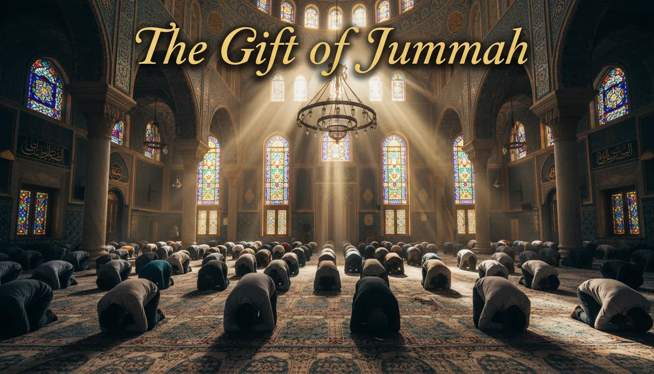 Muslims gathering for the important Friday Jummah prayer in a mosque.