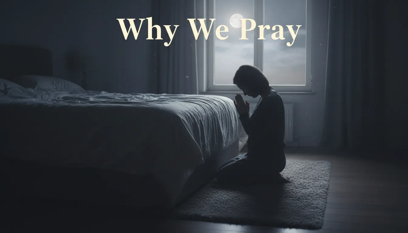 A person kneeling in prayer at night by their bed.