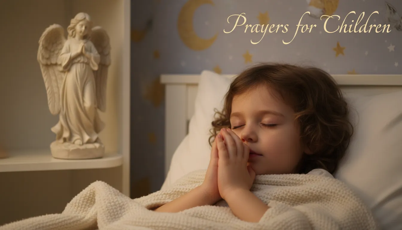 Child praying before sleep with a guardian angel statue.