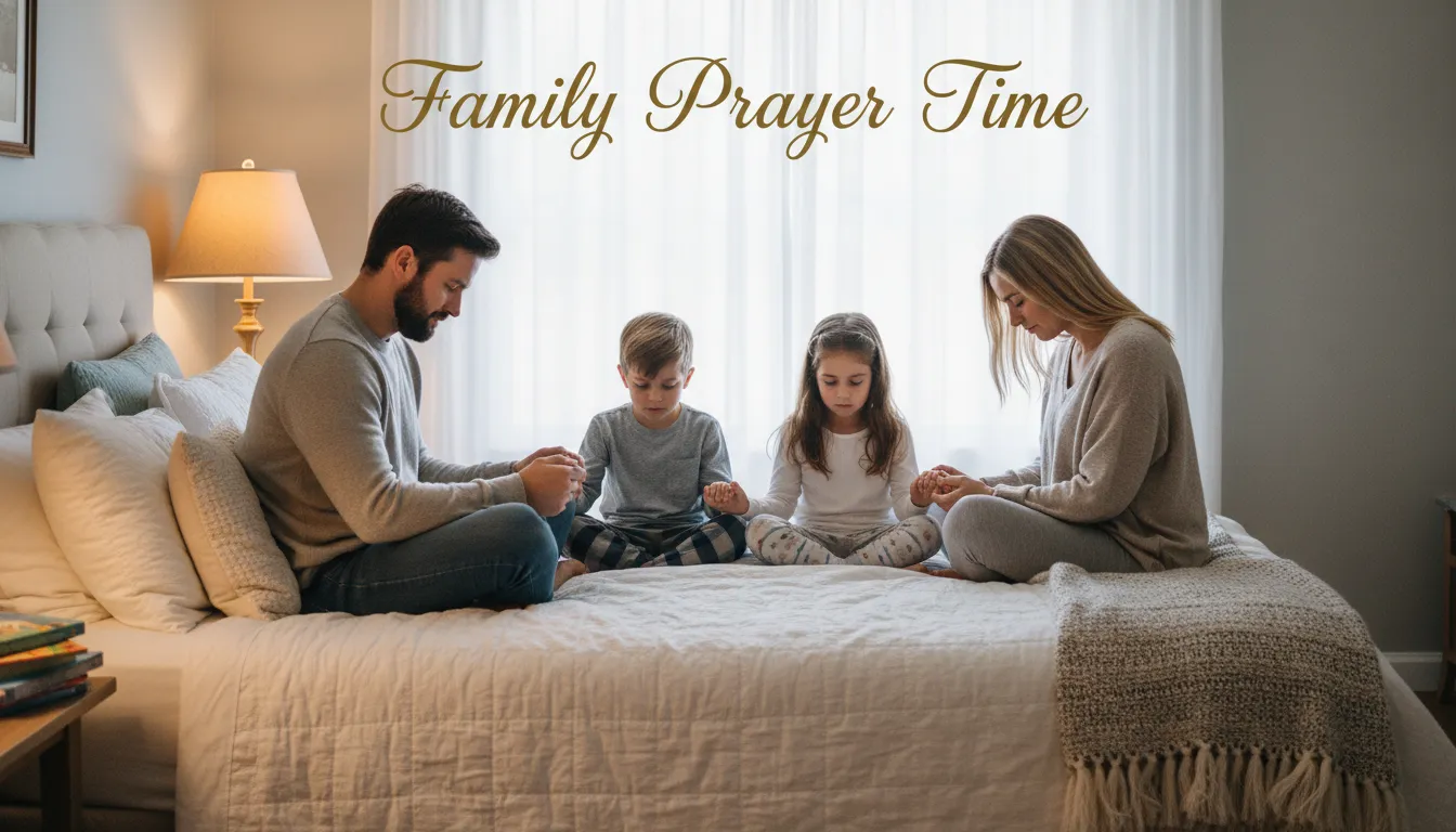 Catholic family praying together before bedtime.