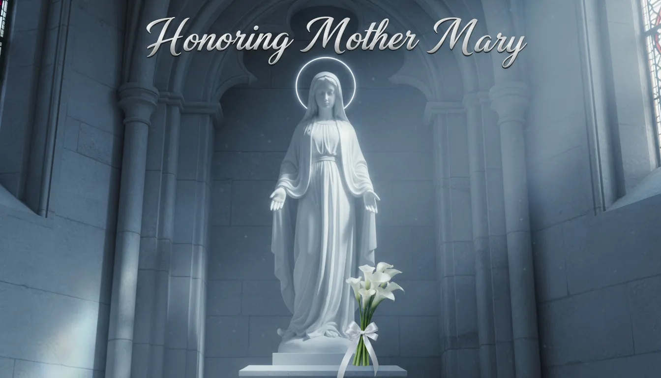 Statue of Virgin Mary with soft lighting and flowers.