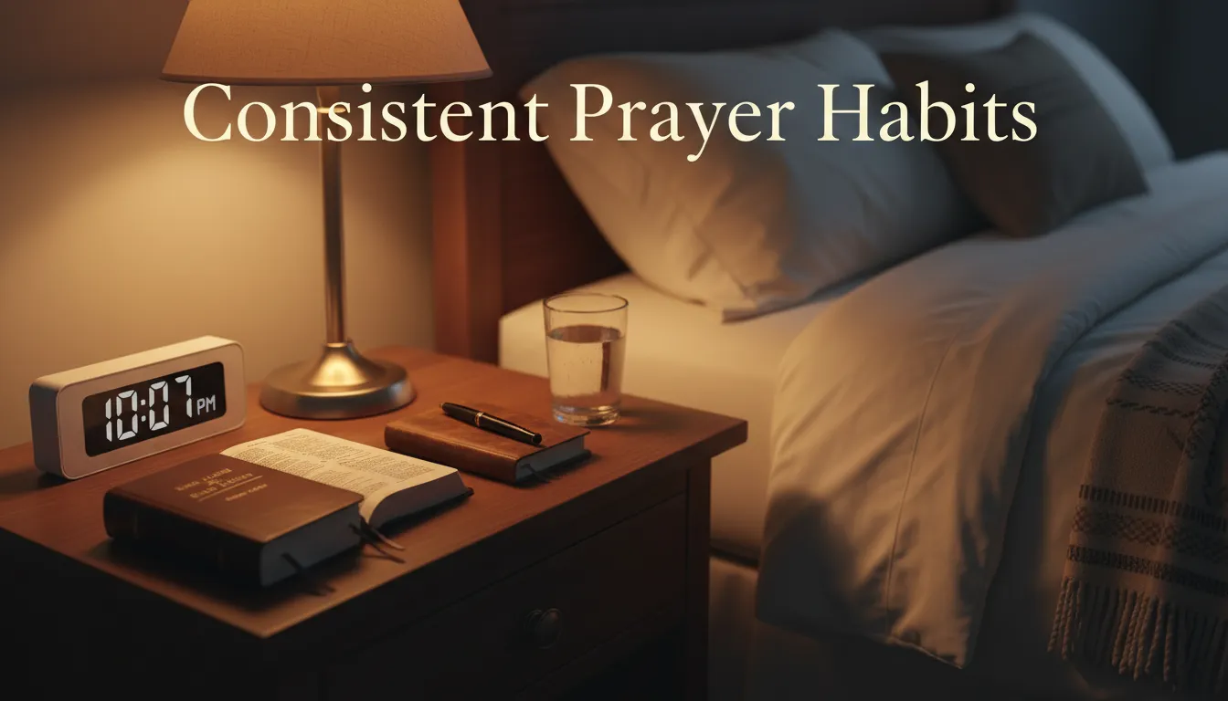 Organized nightstand with Bible and clock.