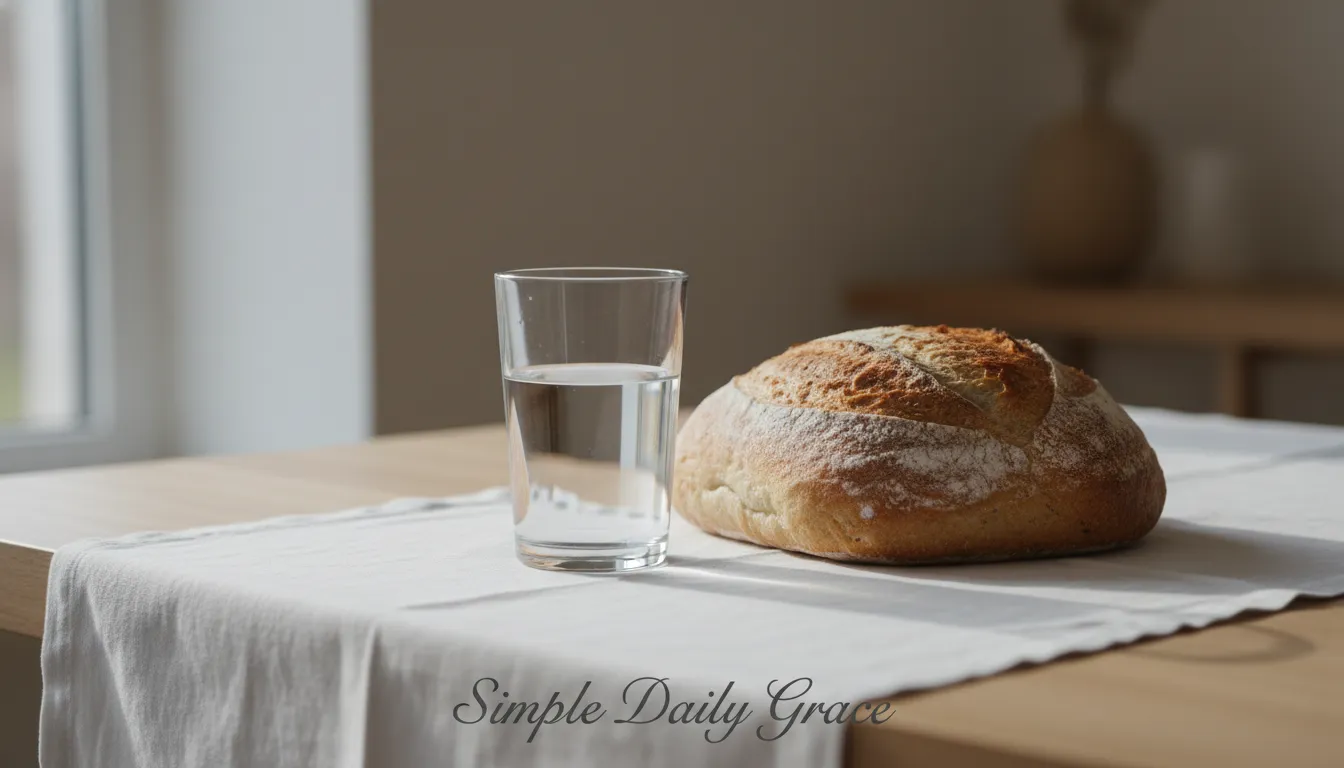 Simple Prayers Before Meals for Everyone featuring a modest meal of bread and water symbolizing daily nourishment and grace.