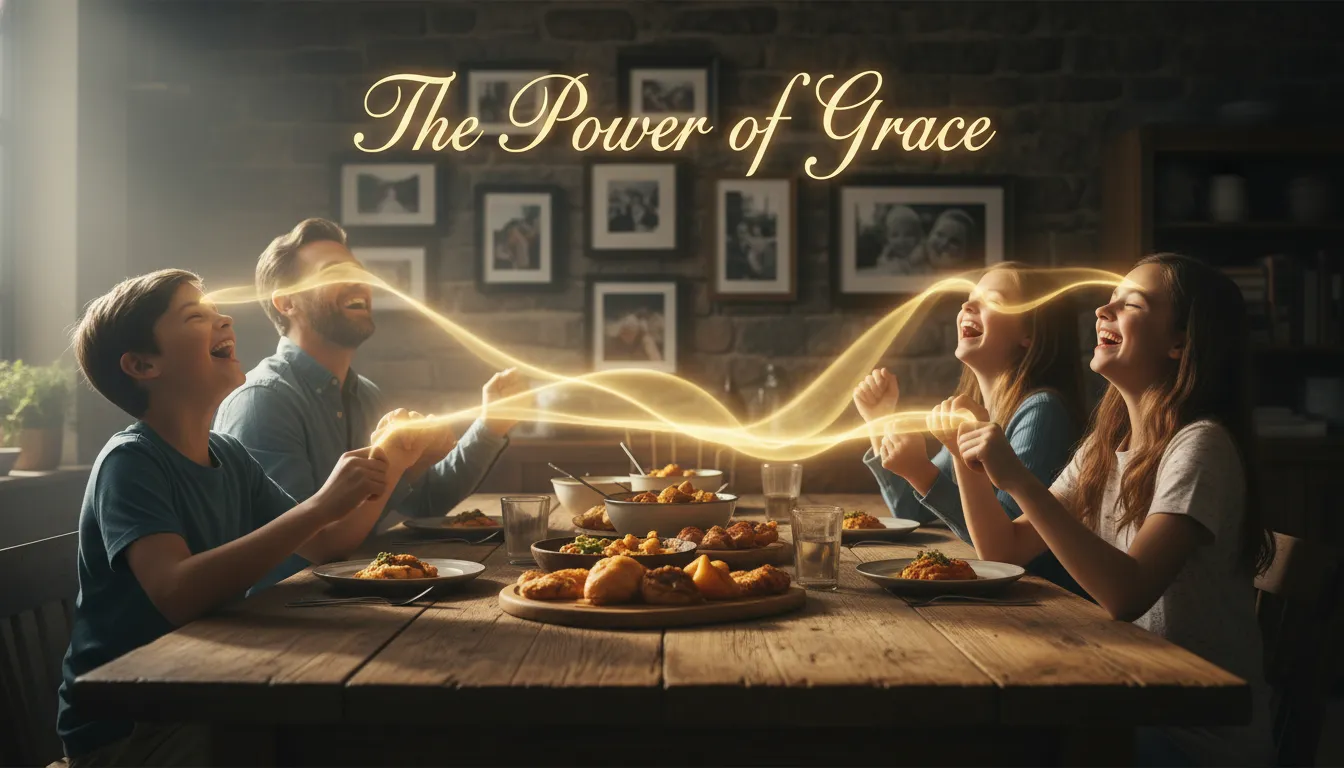 The Blessings of Saying Grace showing a family growing closer and more thankful through regular mealtime prayer.