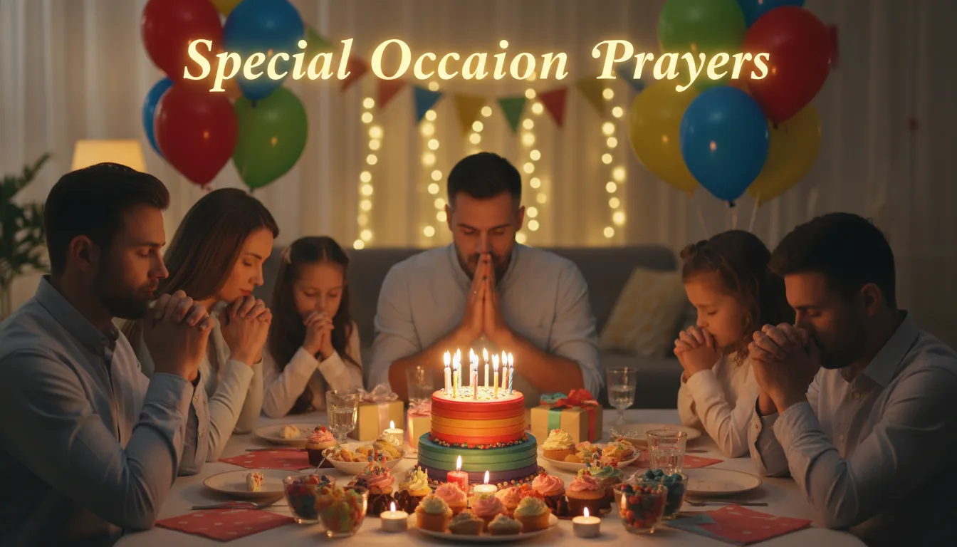 Prayers for Special Occasions featuring a birthday meal celebration with a blessing for health and happiness.