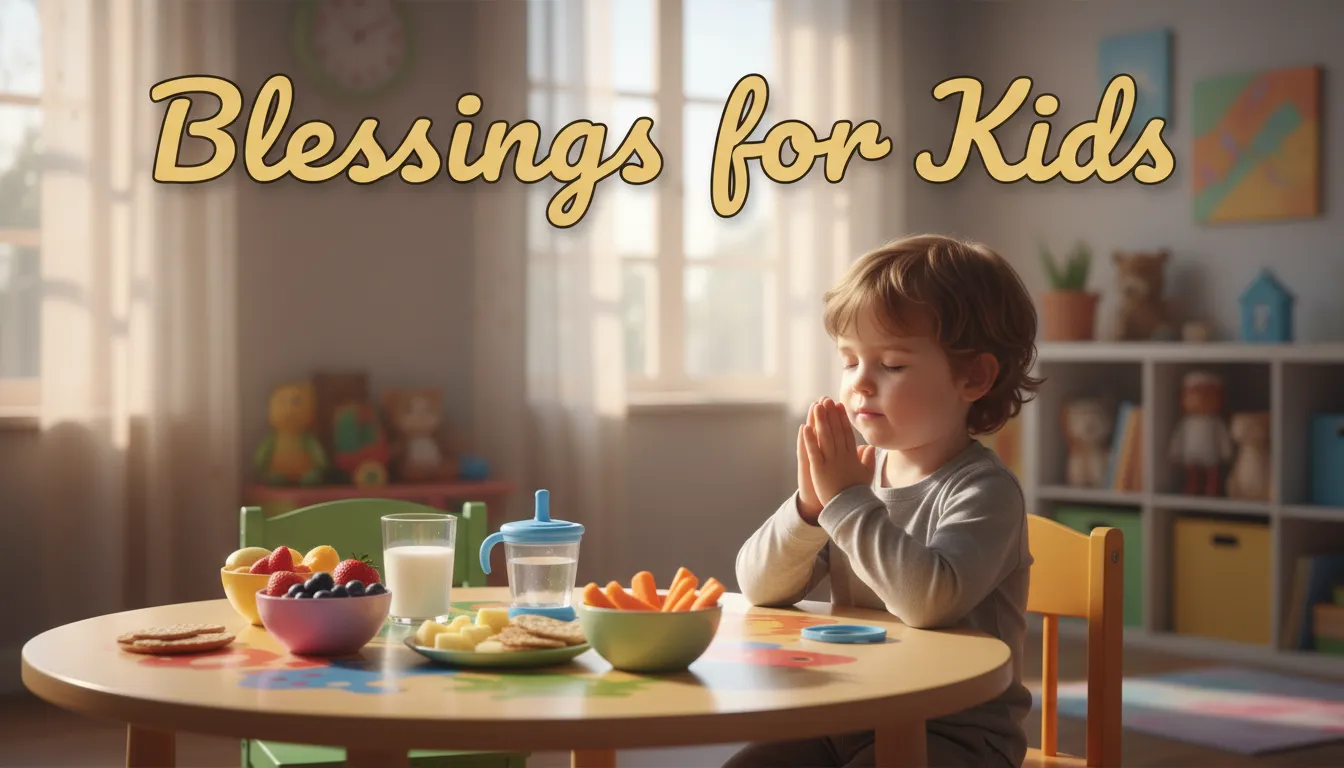 Prayers for Children showing a toddler saying an easy prayer for kids before eating a meal.