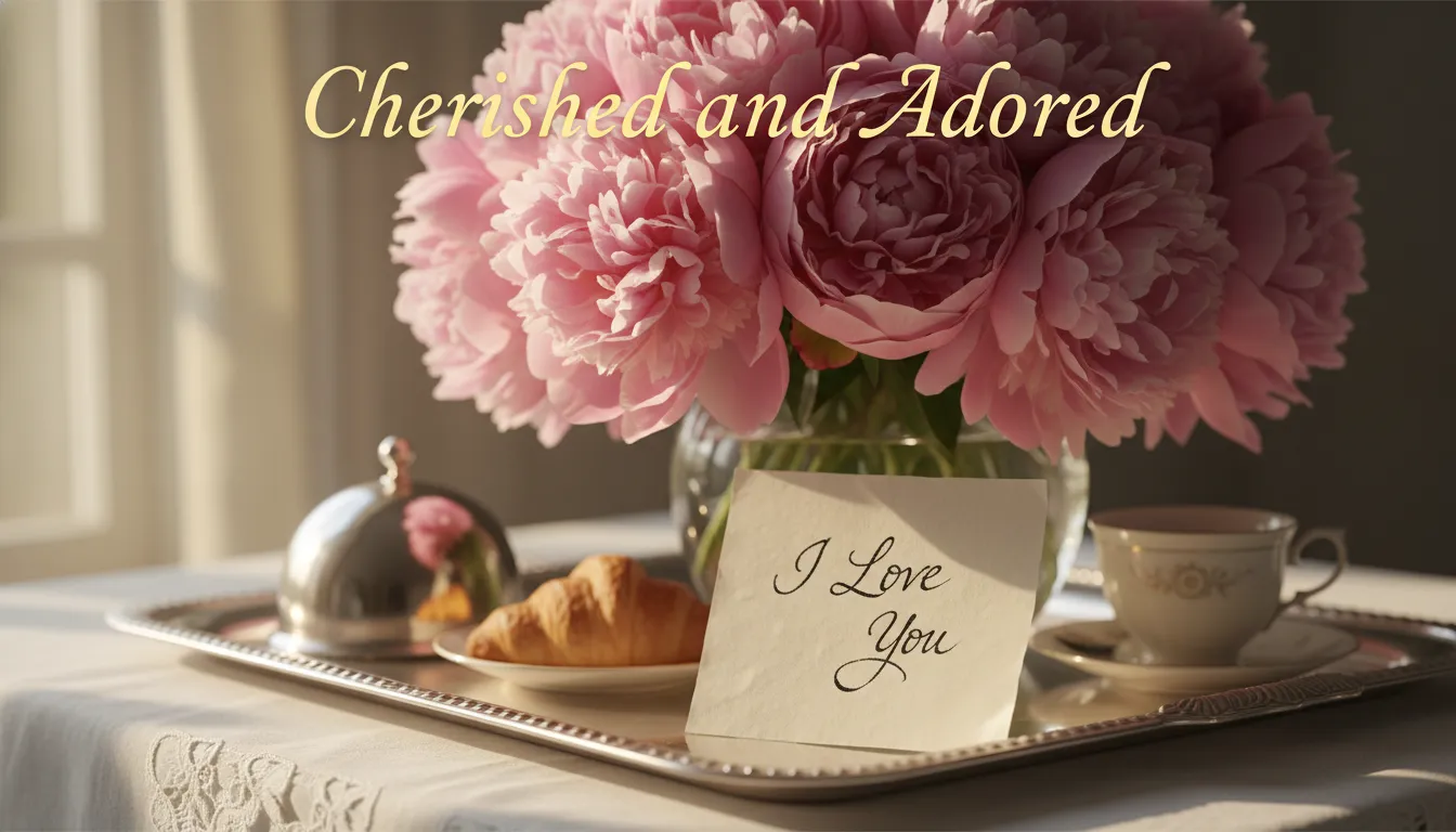 Romantic Good Morning Messages for Her showing a bouquet of flowers and a love note for a cherished start to the day.