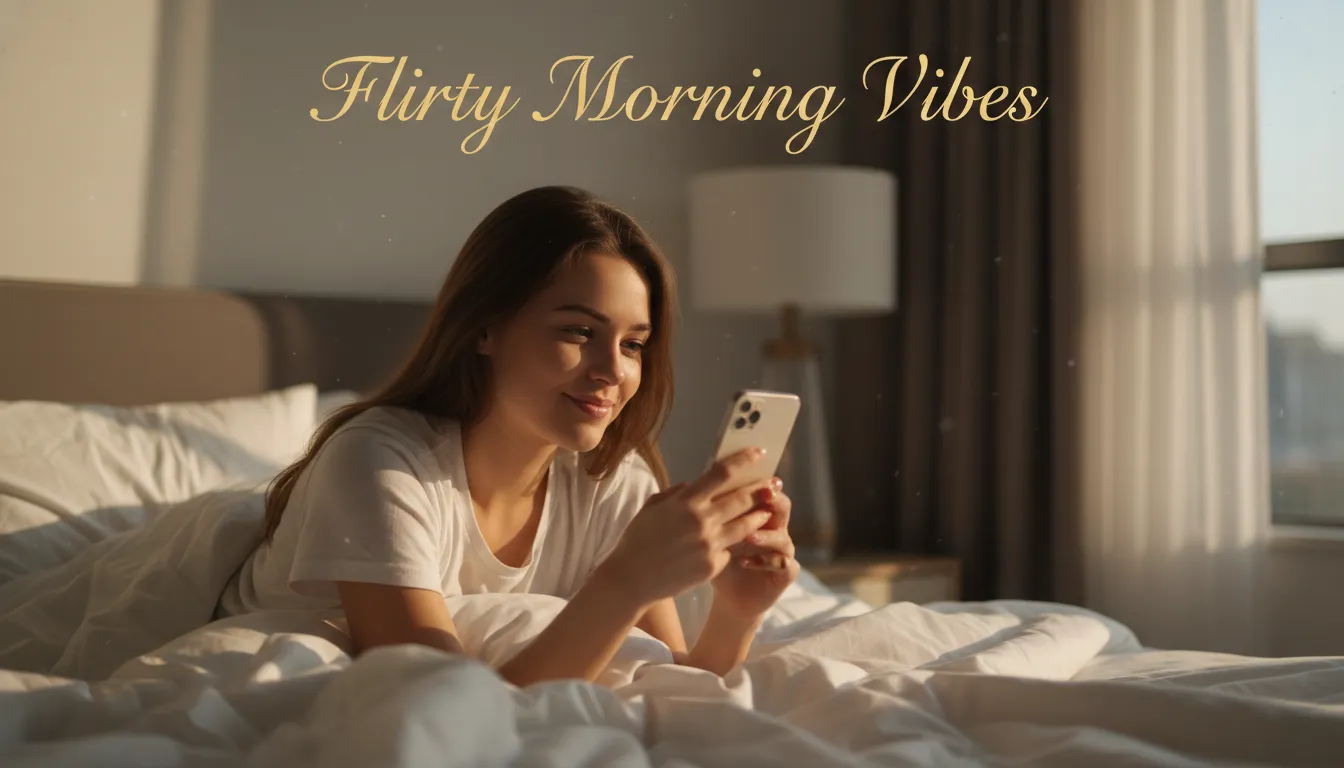 Flirty Good Morning Messages for Her showing a woman blushing at a playful morning text.
