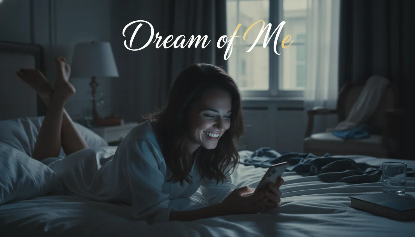 Flirty Good Night Messages for Her - A playful and flirty scene of a woman smiling at her phone before drifting into sleep.