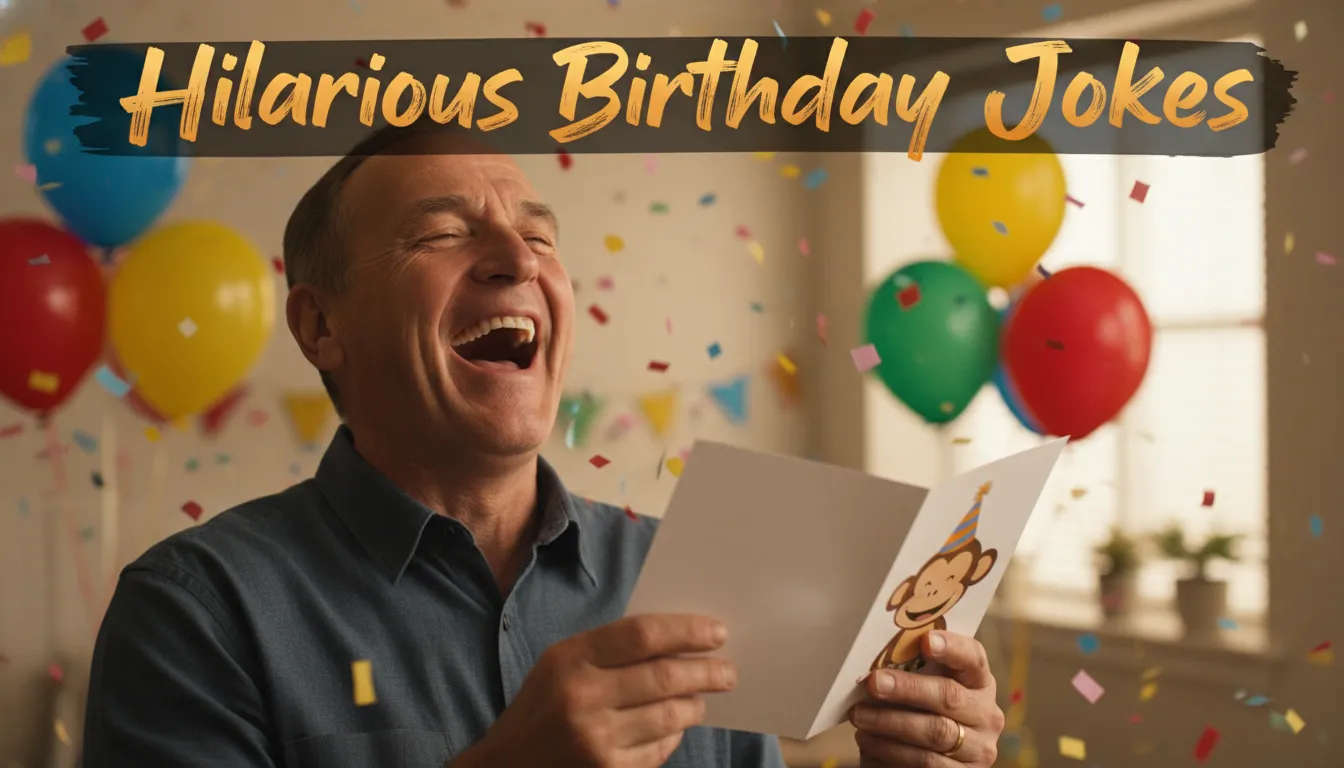 Funny Happy Birthday Wishes for Uncle featuring a man laughing at humorous dad jokes and birthday cards.