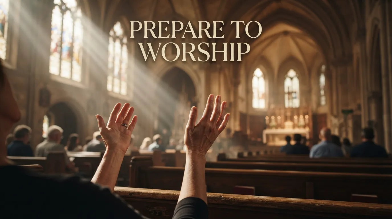A close-up of hands lifted in prayer, illustrating a heartfelt Sunday morning prayer before worship to prepare your heart.