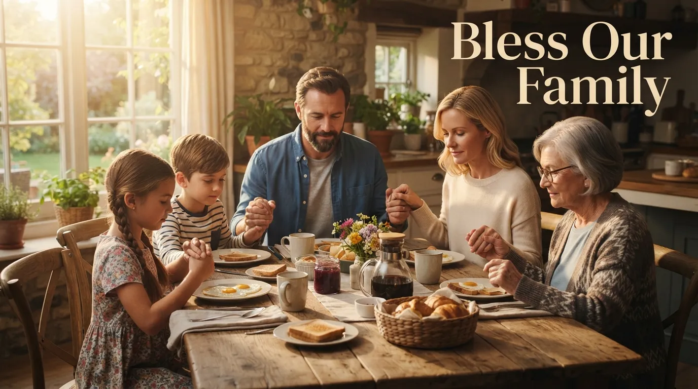 A family holding hands in prayer, showing the power of weekend morning prayers for family and loved ones to bring blessings and protection.
