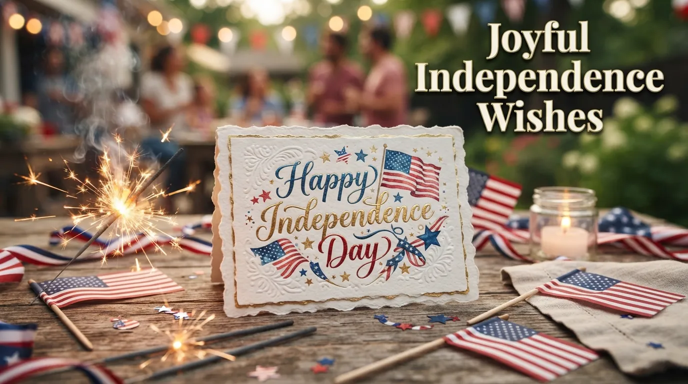 Happy Independence Day Wishes card surrounded by patriotic decorations and sparklers