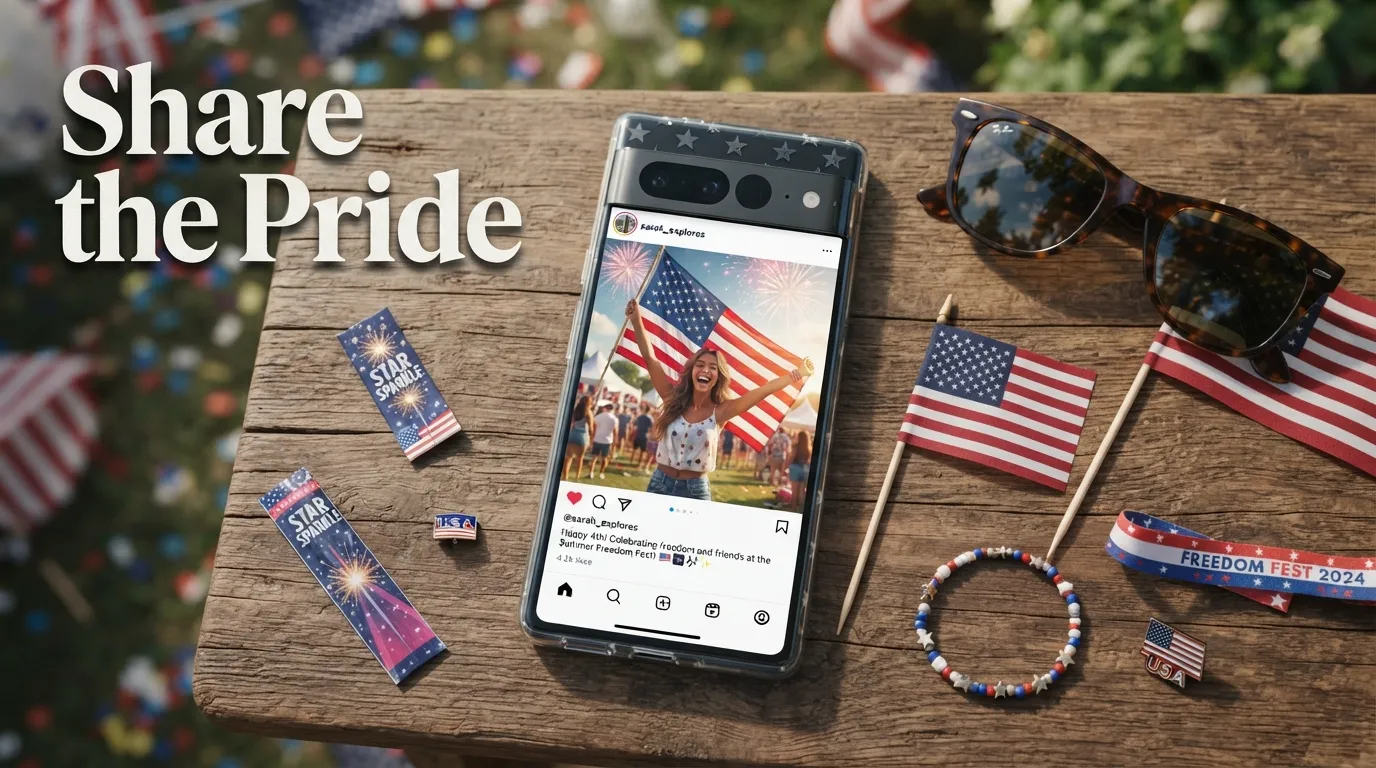 Independence Day Captions for Instagram displayed on a smartphone with patriotic flat lay accessories