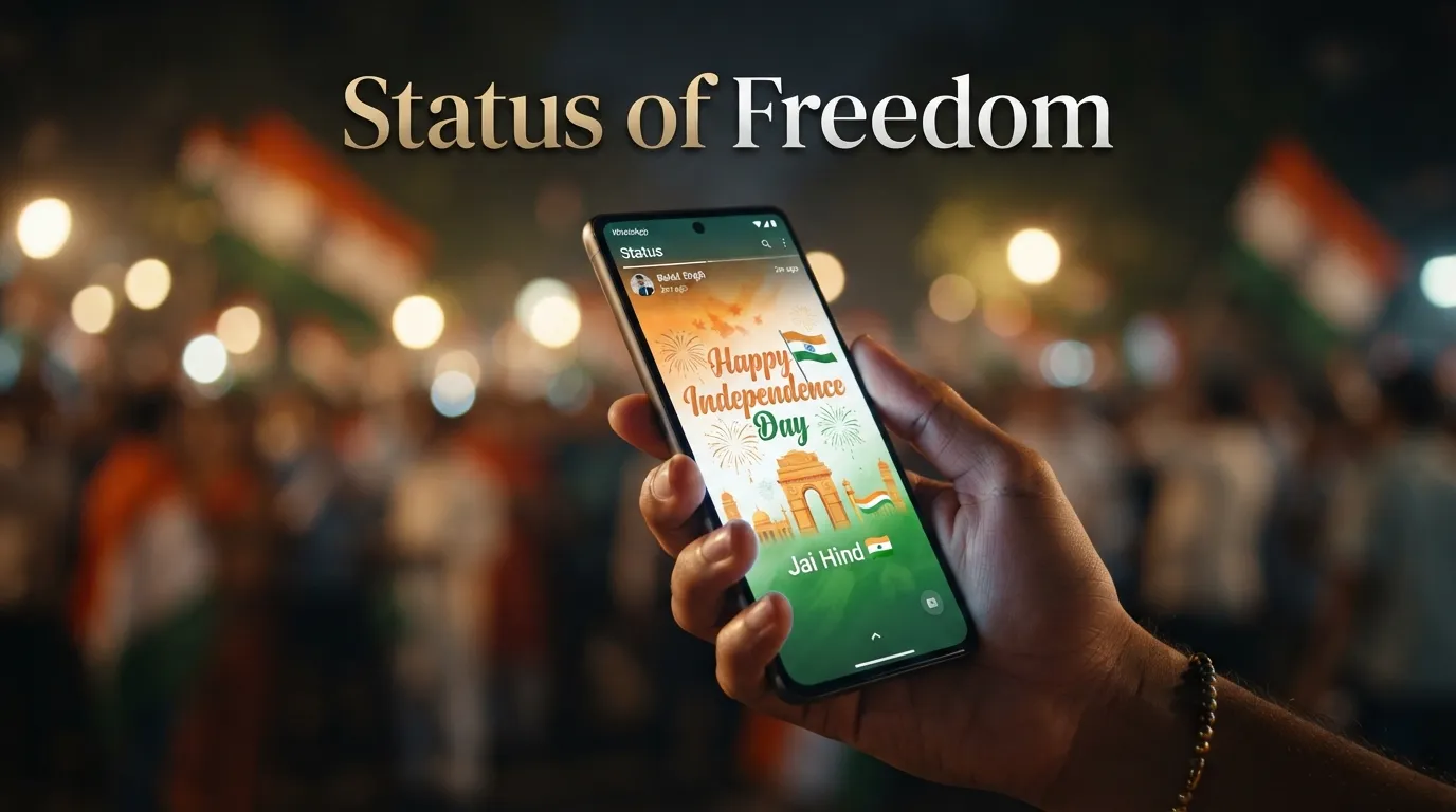 Independence Day Messages for WhatsApp Status shown on a glowing smartphone screen