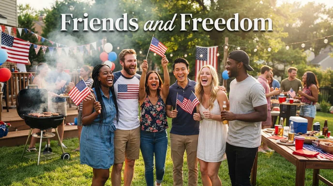 Independence Day Wishes for Friends celebrating together with flags at a patriotic backyard gathering