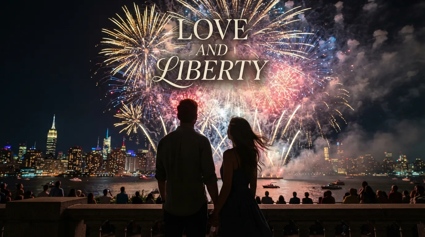 Independence Day Wishes for Love showing a romantic couple watching fireworks together