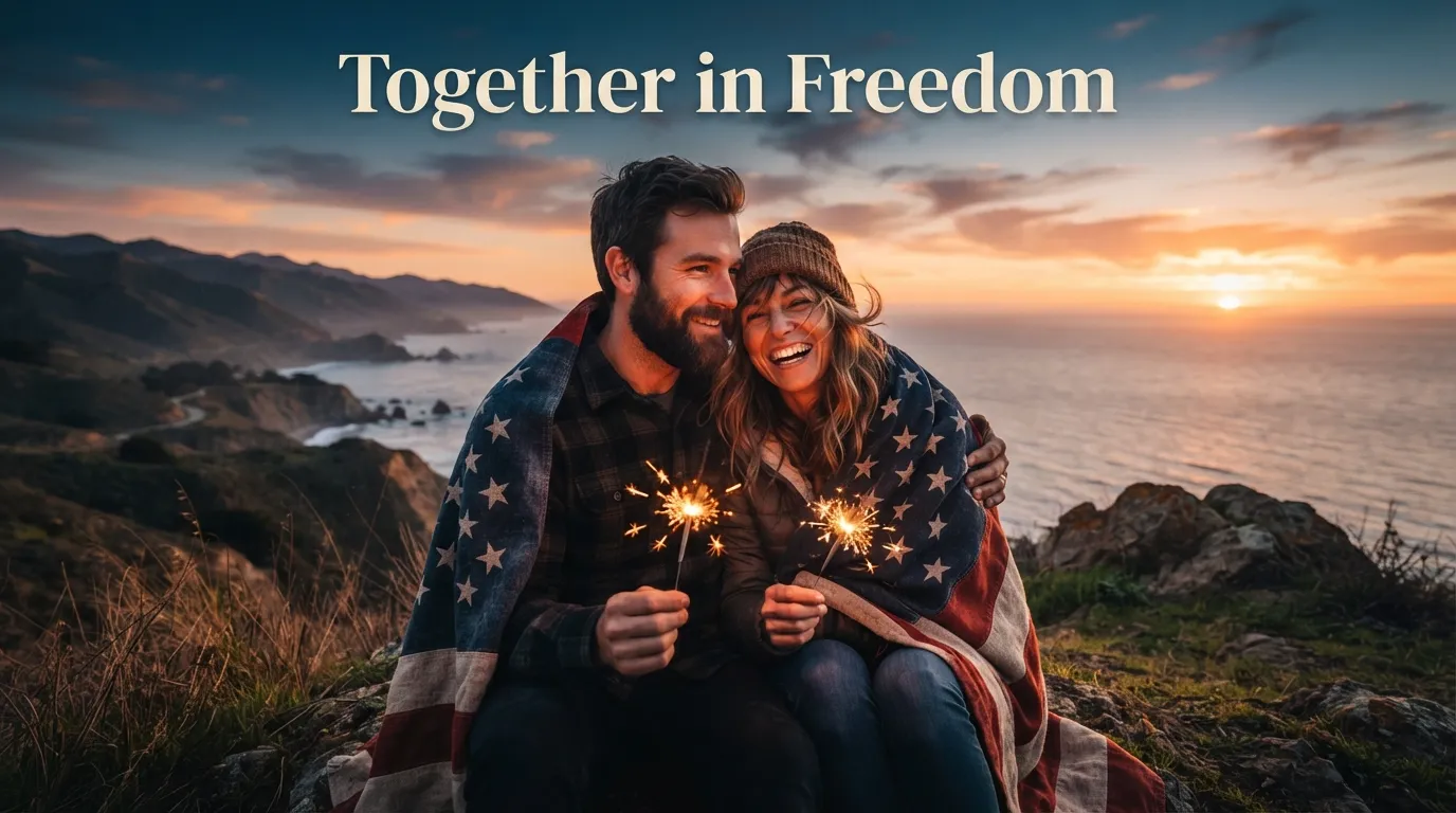Romantic Independence Day Messages featuring a happy couple celebrating freedom and love at sunset