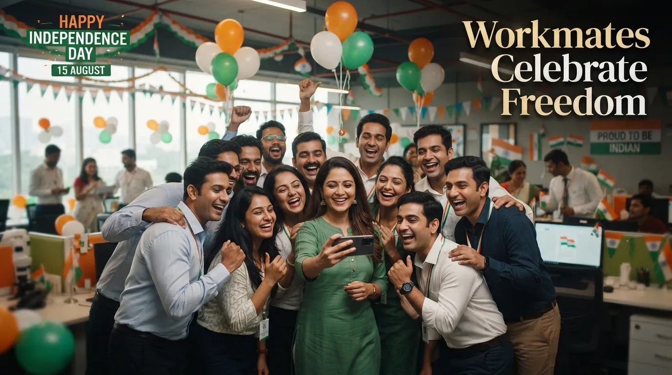Independence Day Wishes for Colleagues celebrating at a decorated office workplace event